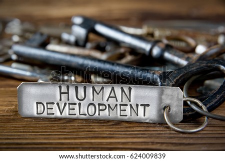 Photo of key bunch on wooden board and tag with letters imprinted on clean metal surface; concept of HUMAN DEVELOPMENT