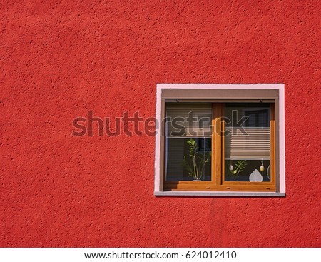 wooden frame window on red wall, plenty of space for your logo