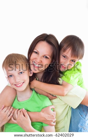 mom and children on a white