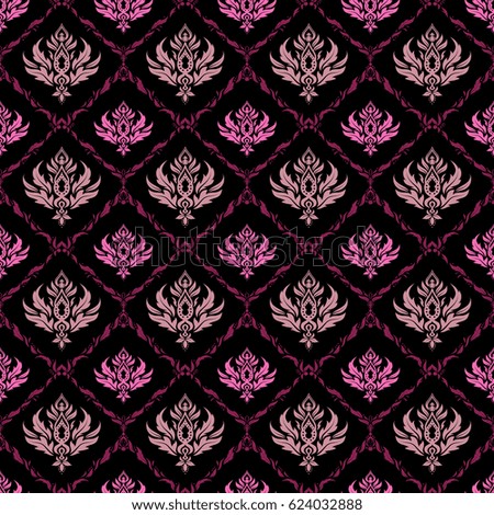 Distressed damask seamless pattern background tile. Vector seamless ornament in purple and pink colors on a black background.