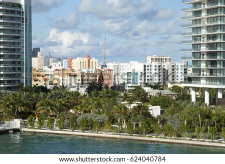 The view through skyscrapers of Miami Beach resort district (Florida).