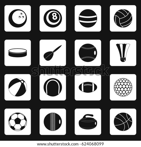Sport balls icons set in white squares on black background simple style vector illustration