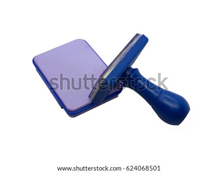 Blue rubber stamp with blue ink pad on the isolated background.