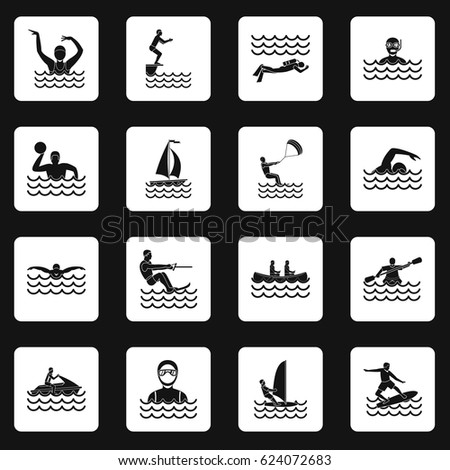 Water sport icons set in white squares on black background simple style vector illustration