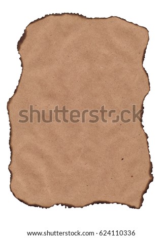 Brown kraft paper with burnt edges, isolated on white background. Texture of old paper, abstract hand-written picture, antique page. Background for all types of sketches, graphics and drawing.