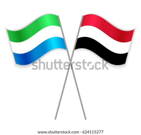 Sierra Leonean and Yemeni crossed flags. Sierra Leone combined with Yemen isolated on white. Language learning, international business or travel concept.