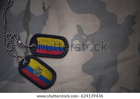 army blank, dog tag with flag of colombia and ecuador on the khaki texture background. military concept