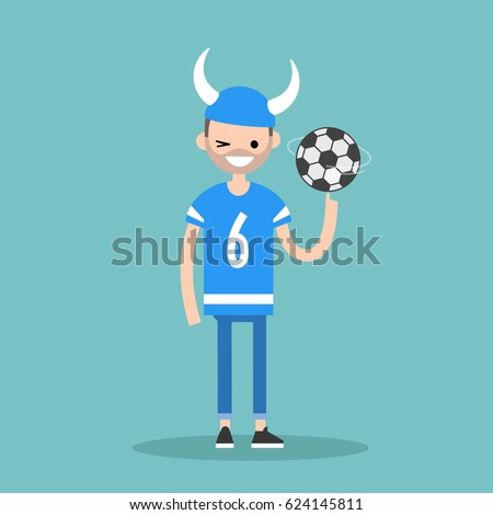 Young character wearing football form spinning a ball / flat editable vector illustration, clip art