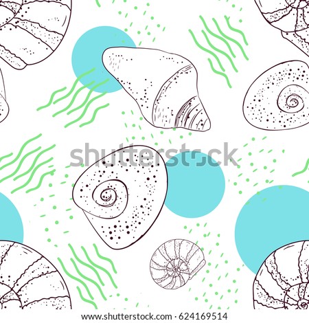 A seamless pattern of sea shells drawn by hand with dots and lines in circles. Fresh design. Vector eps 10