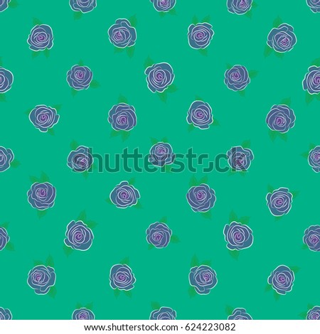 Abstract seamless vector pattern with hand drawn floral elements. Autumn colors. Silk scarf with rose flowers, green leaves on a green background. 1950s-1960s motifs. Retro textile design collection.