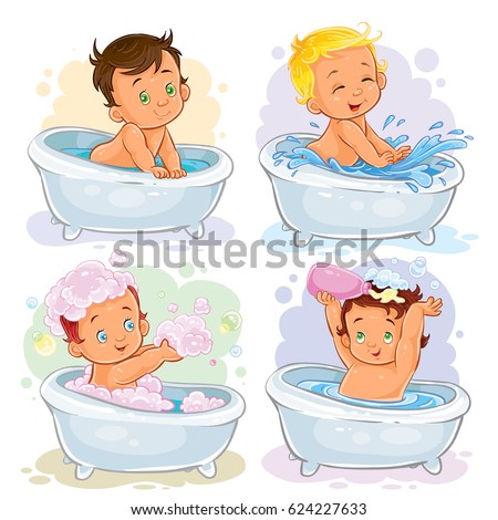 Set of icons of small children take a bath isolated on white