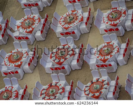 Aerial view of tables prepared to celebrate a wedding in Pattaya, Thailand