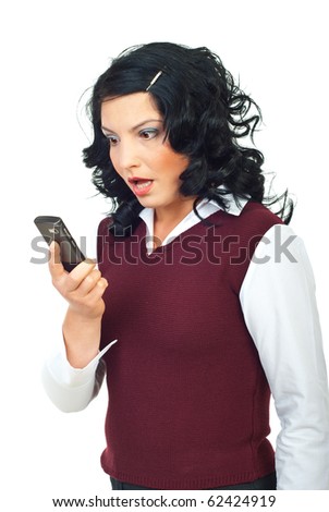 Woman holding a phone mobile and looks very shocked about  news or reading a strange text  message isolated on white background