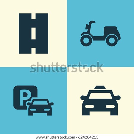 Transportation Icons Set. Collection Of Skooter, Cab, Road Sign And Other Elements. Also Includes Symbols Such As Way, Highway, Moped.