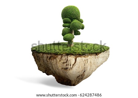 fantasy floating island with natural mushroom shaped plant on the rock, surreal float landscape with cartoon tree paradise concept