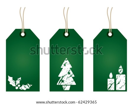 green christmas tags with festive decoration stamps isolated on white