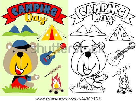vector cartoon of funny bear with camping elements, coloring book or page