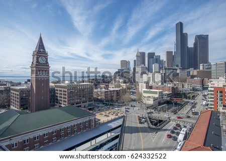 Seattle Skyline from 2nd & 4th International District Roof top Royalty-Free Stock Photo #624332522