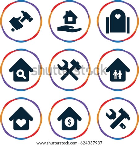 Property icons set. set of 9 property filled icons such as home care, hummer and wrench, hummer, home search, house sale, wrench hummer