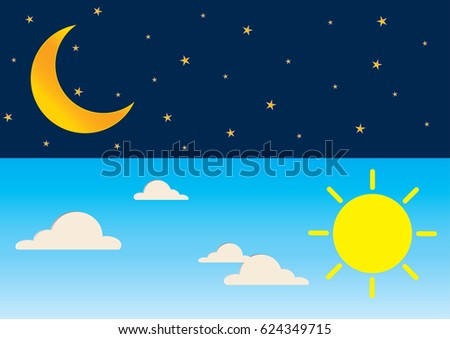 Beautiful sky background. Vector illustration of day and night series time concept with sun, crescent moon, clouds and many stars. EPS10