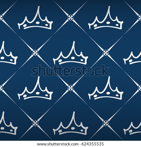 Luxe royal seamless pattern with classic white crown ornament signs in style of fashion on royal blue shaded background with cross square fill out. Wallpaper, curtain design.