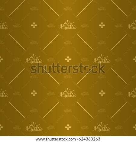 Beautiful queen seamless pattern with soft gold majestic inscription with crown ornament signs in style of fashion on elegant golden bright background with round cross and line fill out.
