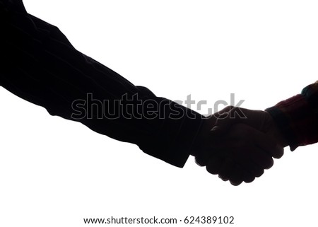 Handshake of two men, a businessman and a simple worker, hiring - horizontal silhouette
