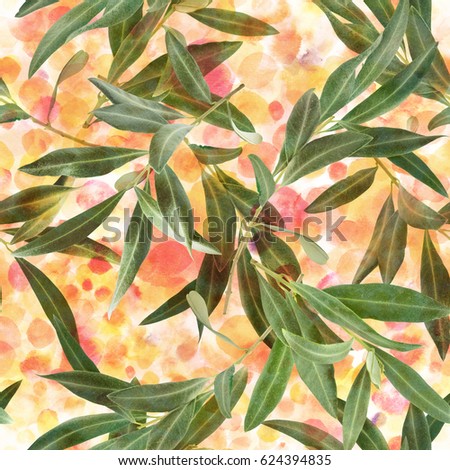 A seamless pattern with olive tree branches on a background of pastel watercolor dots
