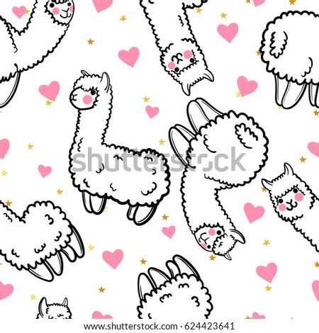 Seamless vector pattern with cute alpacas and hearts and stars. Child illustration with a lama from Peru. In the Japanese anime style.