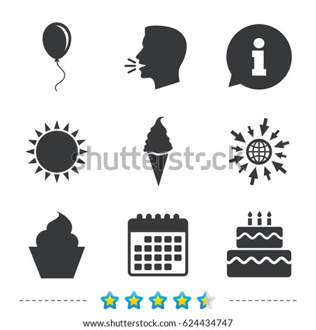 Birthday party icons. Cake with ice cream signs. Air balloon with rope symbol. Information, go to web and calendar icons. Sun and loud speak symbol. Vector