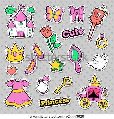 Girl Princess Badges, Patches, Stickers with Crown, Castle, Heart, Ring. Vector illustration