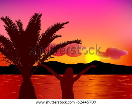 Silhouette girl with outstretched arms at sunset on the beach
