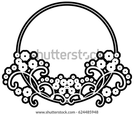 Black and white round frame with floral silhouettes. Copy space. Raster clip art.