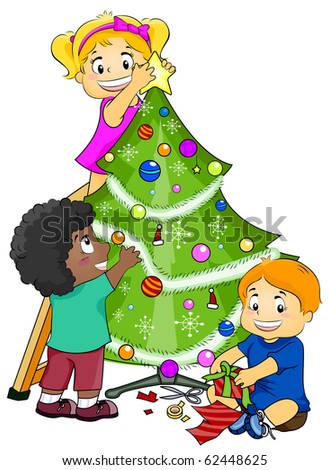 Illustration Featuring Kids Decorating a Christmas Tree - Vector