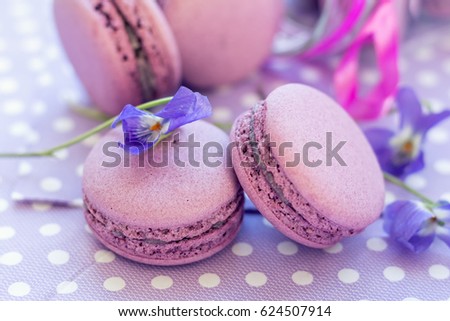 Violet sweet delicious macaroons and fresh violas on napkin polka dot. Shallow depth of field. Coloring toned photo.