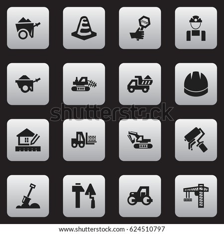 Set Of 16 Editable Construction Icons. Includes Symbols Such As Home Scheduling, Caterpillar, Trolley And More. Can Be Used For Web, Mobile, UI And Infographic Design.