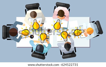 Business meeting strategy brainstorming concept. Vector illustration in an aerial view with people sitting in an office around a conference table with ideas 