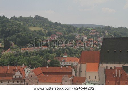 Panoramic aerial view over the old Town of Cesky Krumlov, Czech Republic.