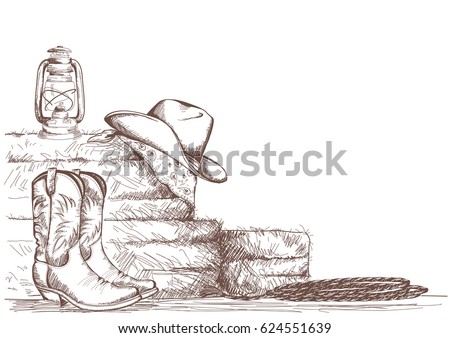 Hand draw cowboy background with western boots and west hat and equipment for riding horses Royalty-Free Stock Photo #624551639