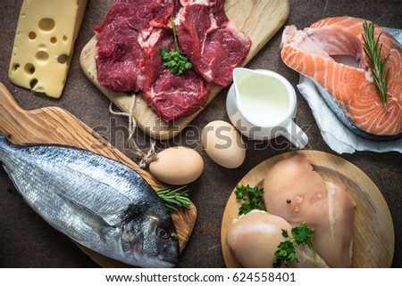 Animal protein food at stone table. Meat, chicken, fish, egg, beans, milk. Royalty-Free Stock Photo #624558401