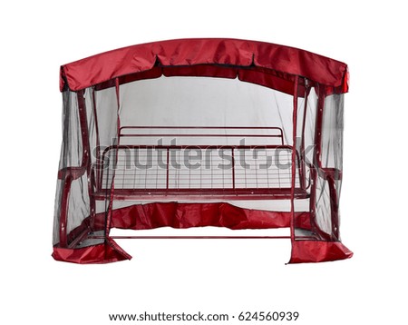 Frame of the red garden swings with mosquito net. 