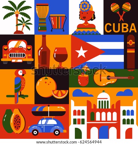 Cuba illustration. Collection of vector icons of Cuban culture and food. Maracas, guitar, retro car, papaya, the dish with lobster and a portrait of a Cuban woman in trendy flat style