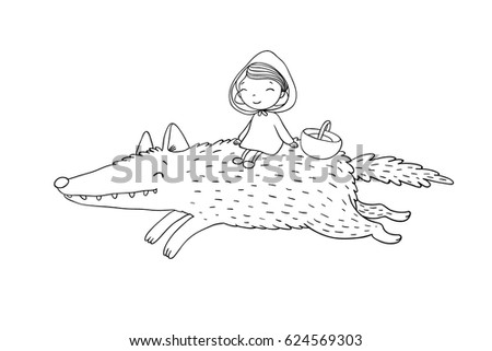 Little Red Riding Hood fairy tale. Little cute girl and big wolf. Hand drawing isolated objects on white background. Vector illustration. Quick sketch.