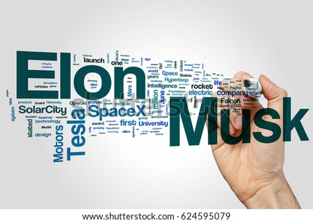 Elon Musk word cloud concept on grey background. Royalty-Free Stock Photo #624595079