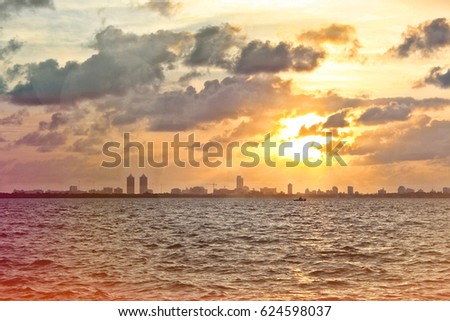 Evening Sun Setting Over the Skyline on Miami with a Cool Colorful Filter Effect
