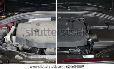 Car engine, before and after cleaning maintenance, half divided picture, before and after effect.