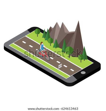 Isometric countryside. Summer road. Mobile geo tracking. Map. Woman cycling on countryside summer sunny road or highway