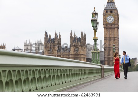Romantic man and woman couple on Westminster Bridge with Big Ben in the background, London, England, Great Britain