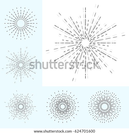 Linear Drawing of Vintage Sunbursts in Hipster Style. Vector Rays Radiating from a Central Object Isolated on White
