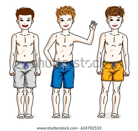 Pretty child boys standing in colorful stylish beach shorts. set of beautiful kids illustrations. Childhood and family lifestyle clip art.